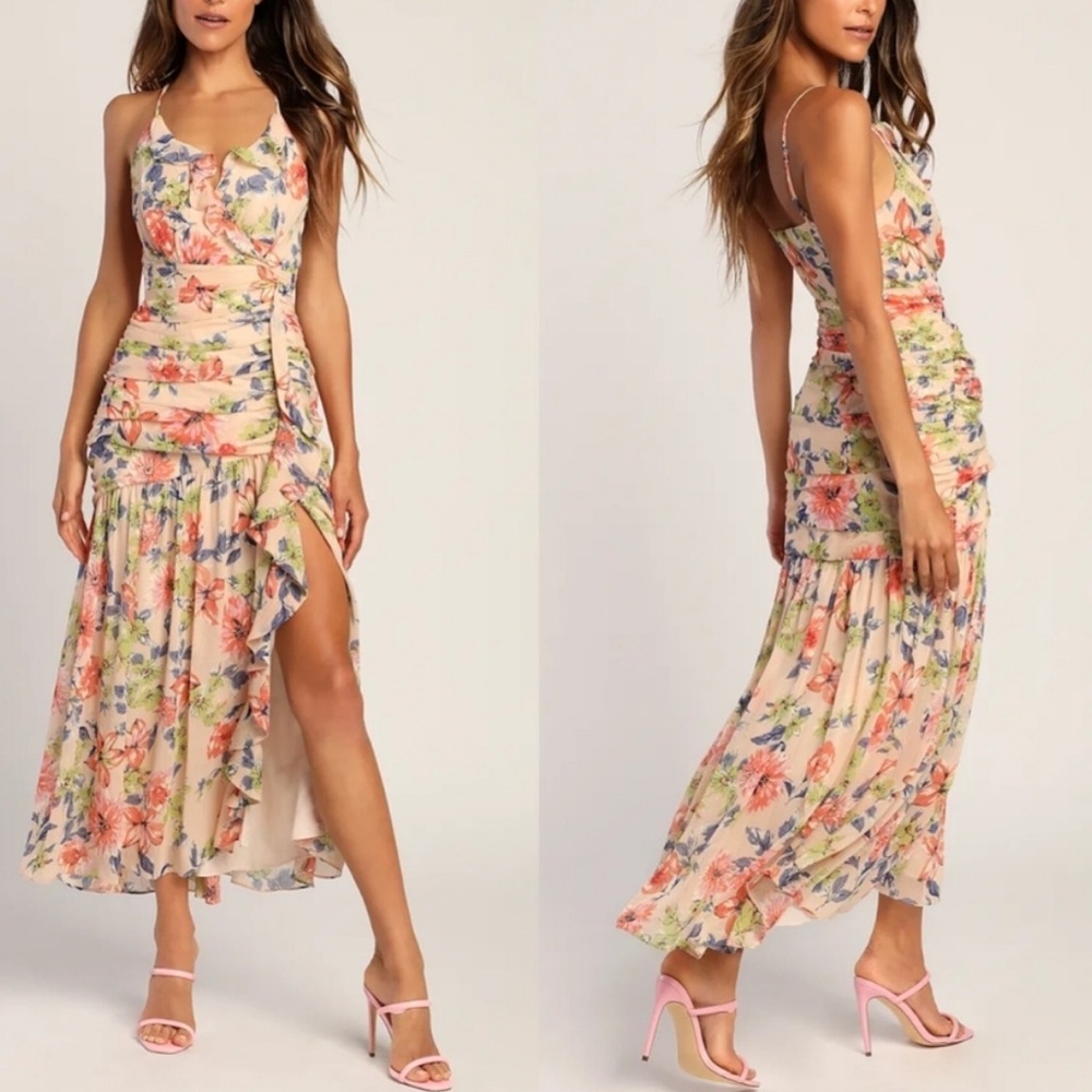 Lulu's Stunning Soiree Blush Pink Floral Print Ruched Midi Dress NWT Medium